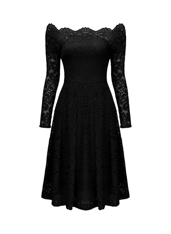 Hollow Out Lace Off Shoulder Tight Waist Midi Dress Black 