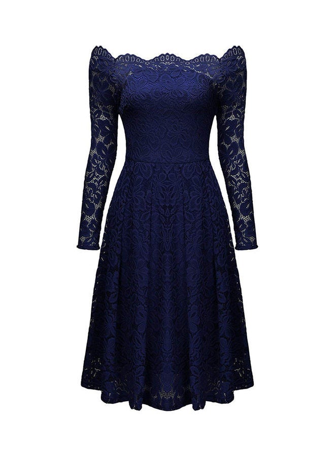 Hollow Out Lace Off Shoulder Tight Waist Midi Dress Navy Blue