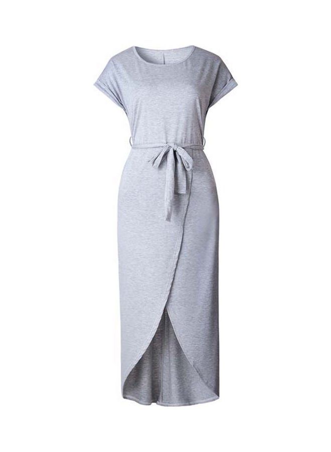 Crew Neck Irregular Hem High Slit Sash Long Dress Light Grey