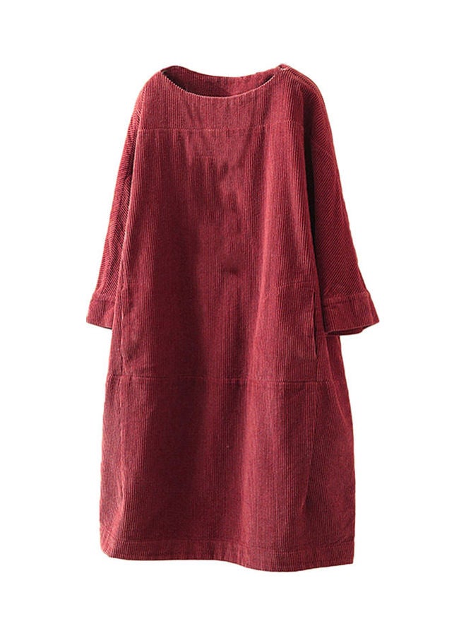 Women Solid Color Long Sleeve O Neck Corduroy Pockets Plus Size Loose Midi Dress Red  - Image 1