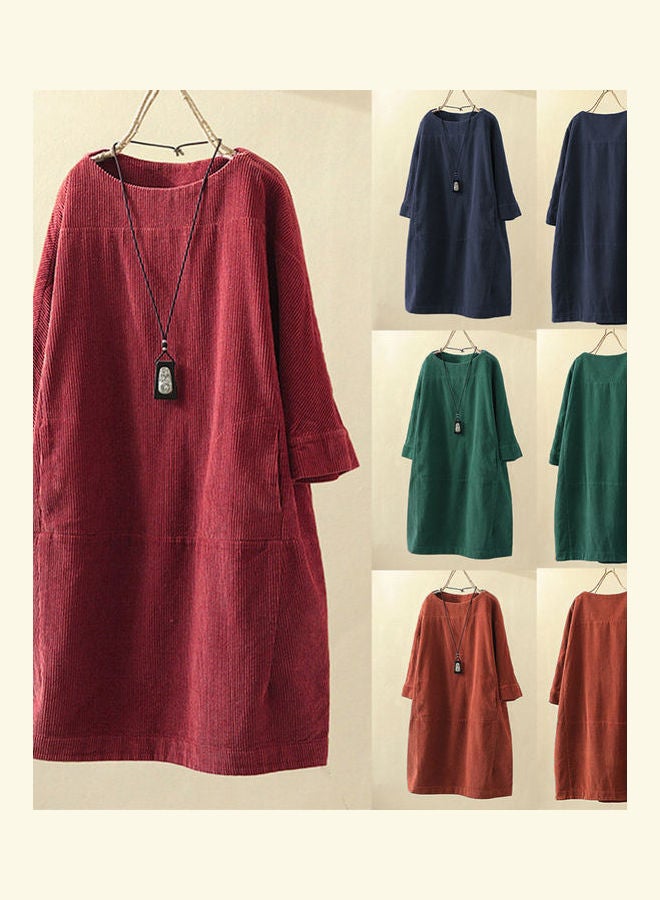 Women Solid Color Long Sleeve O Neck Corduroy Pockets Plus Size Loose Midi Dress Red  - Image 2