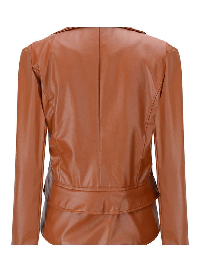 جاكيت لركوب الدراجات النارية من الجلد الصناعي بأكمام طويلة وياقة مطوية بلون سادة من بانك بني - Image 2