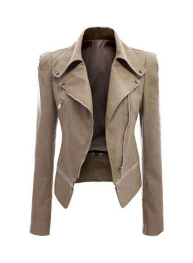 Faux Leather Motorcycle Jacket Khaki