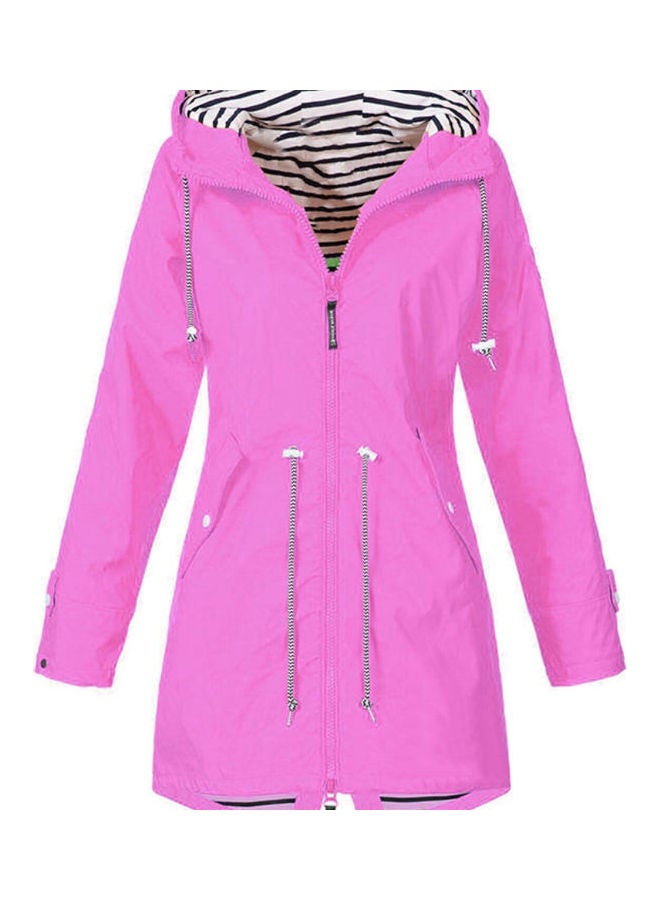 Drawstring Hooded Long Jacket Coat Rose Red - Image 1