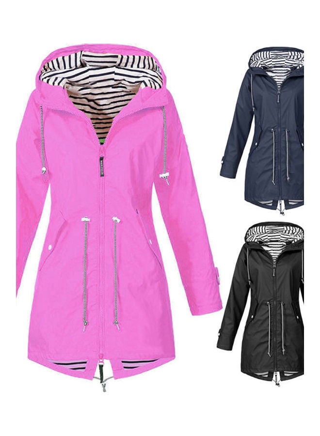 Drawstring Hooded Long Jacket Coat Rose Red - Image 2