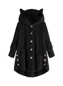 Winter Fleece Cat Ears Hooded Coat Buttons Jacket Black