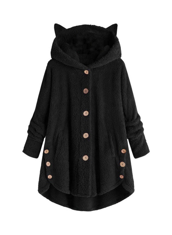 Generic - Winter Fleece Cat Ears Hooded Coat Buttons Jacket Black - Image 1