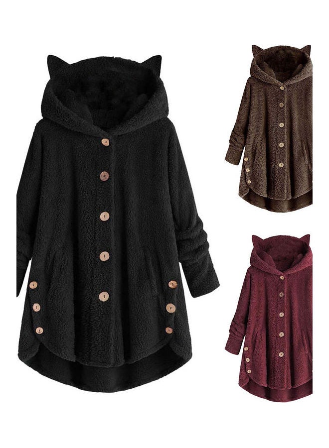 Generic - Winter Fleece Cat Ears Hooded Coat Buttons Jacket Black - Image 1