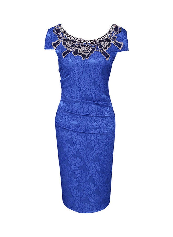 Floral Lace Patchwork Mother Of Bride Short Sleeve Midi Sheath Dress Royal Blue 
