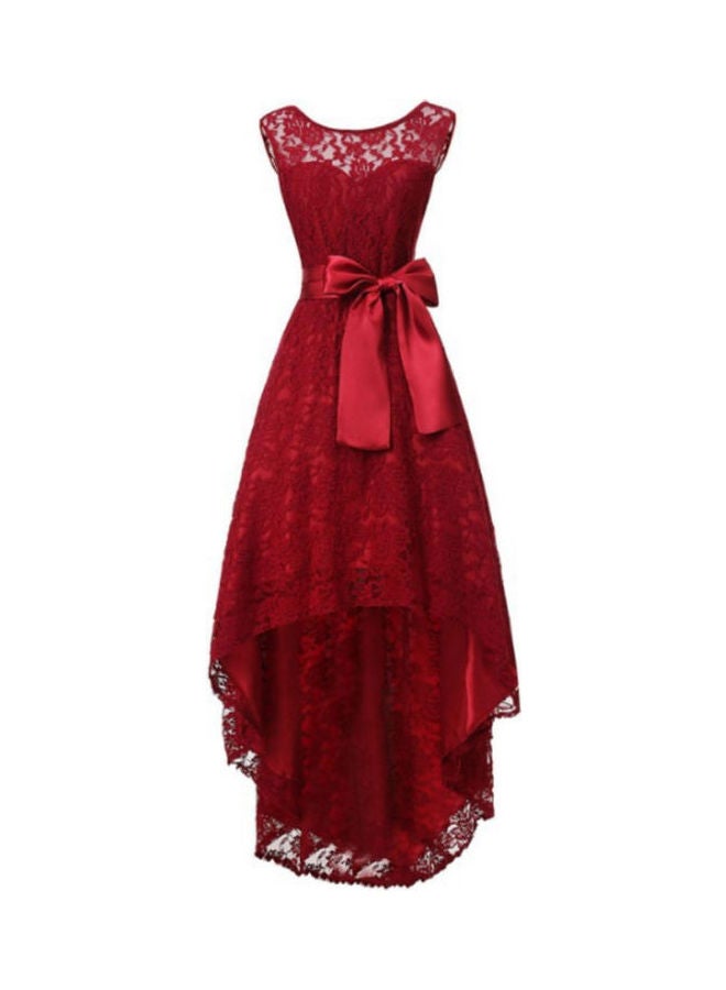 Bow Satin Lace Sleeveless Asymmetric Long Dress Red  - Image 1