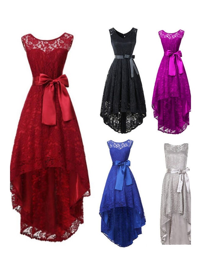 Bow Satin Lace Sleeveless Asymmetric Long Dress Red  - Image 2
