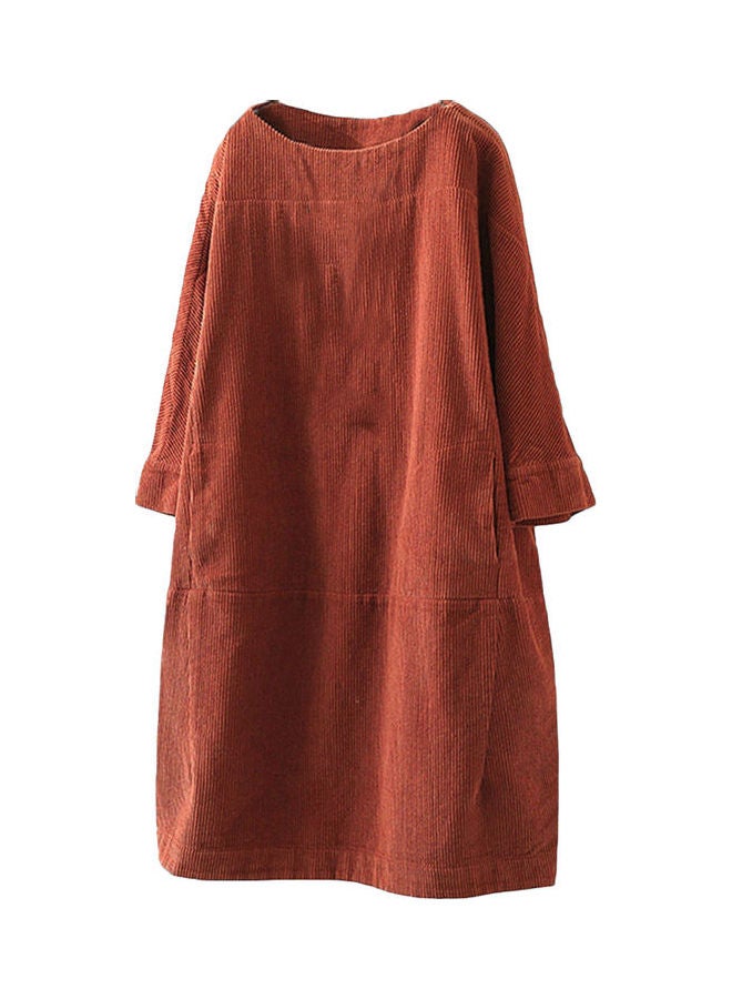 Long Sleeve O Neck Corduroy Pockets Loose Midi Dress Red  - Image 1