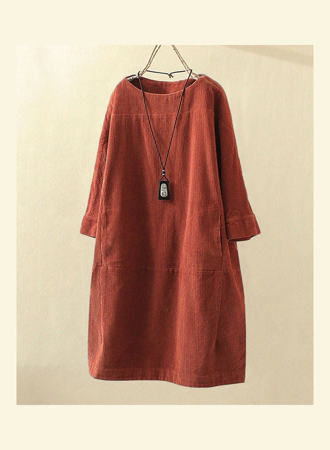 Long Sleeve O Neck Corduroy Pockets Loose Midi Dress Red  - Image 2