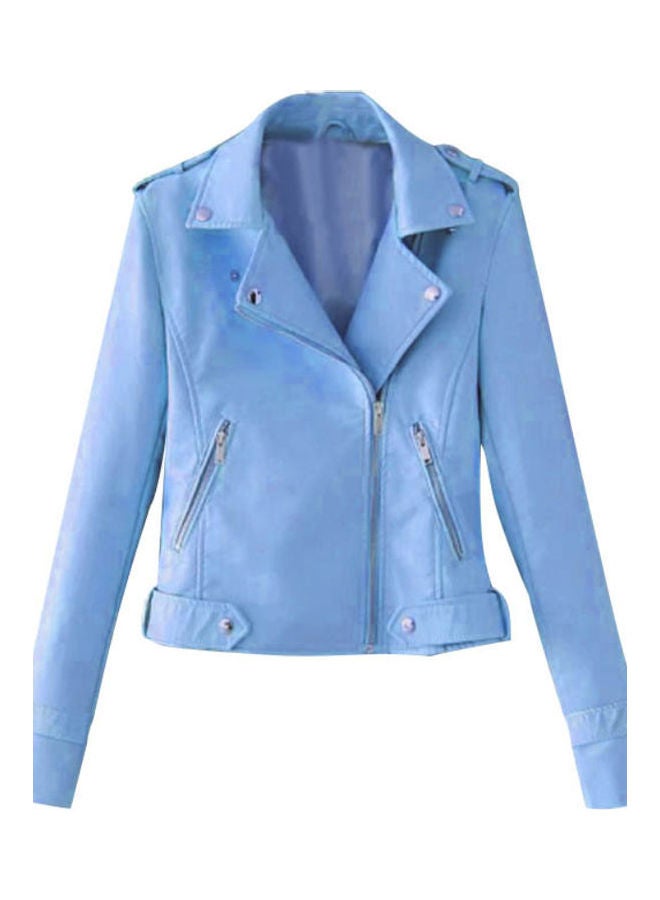 Faux Leather Motorcycle Jacket Light Blue 
