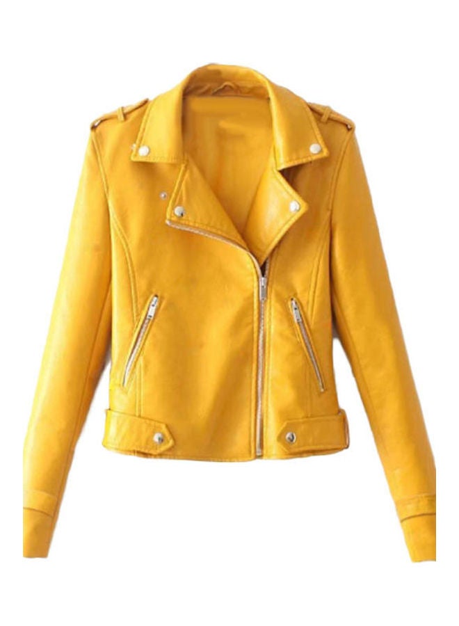 Solid Color Women Faux Leather Lapel Motorcycle Jacket Long Sleeve Zip Up Coat Yellow - Image 1