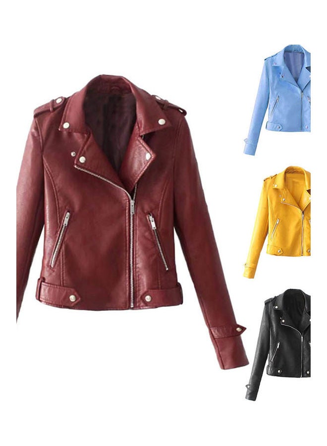 Solid Color Women Faux Leather Lapel Motorcycle Jacket Long Sleeve Zip Up Coat Yellow - Image 2