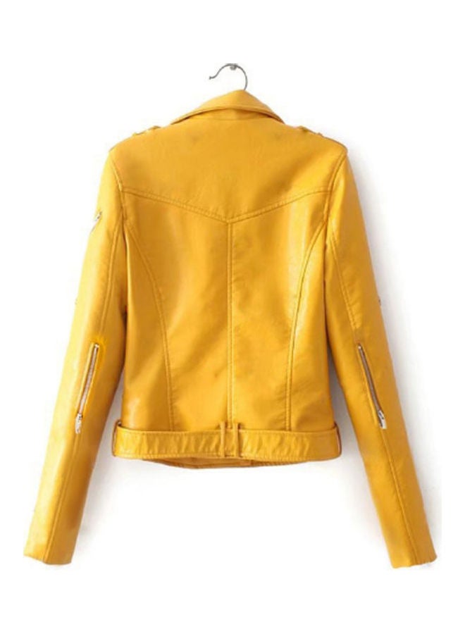 Solid Color Women Faux Leather Lapel Motorcycle Jacket Long Sleeve Zip Up Coat Yellow - Image 3