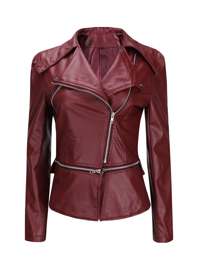 Punk Women Solid Color Long Sleeve Lapel Faux Leather Motorcycle Jacket Coat Red