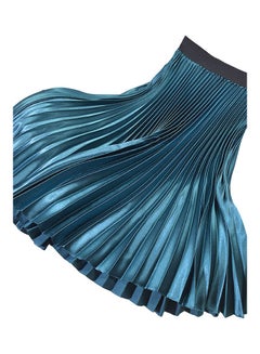 High Waist Elastic Band Maxi Long Pleated Skirt Peacock Blue