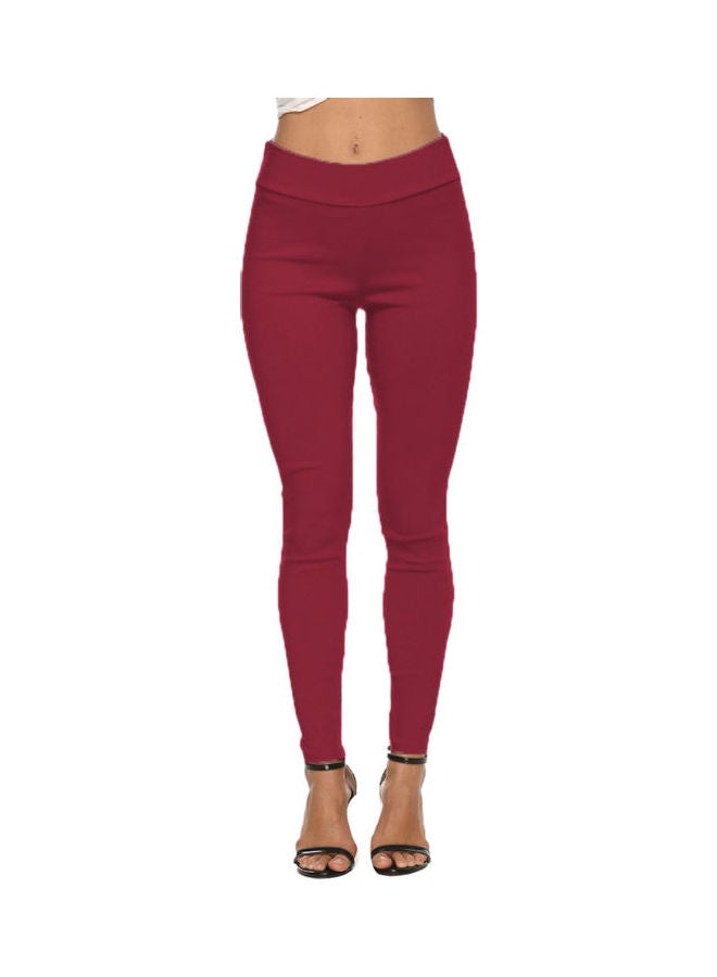 Casual High Waist Elastic Waistband Pockets Skinny Pants Red - Image 1