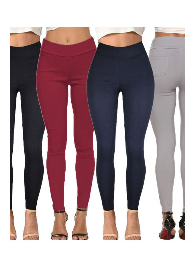 Casual High Waist Elastic Waistband Pockets Skinny Pants Red - Image 3