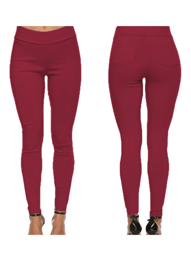 Casual High Waist Elastic Waistband Pockets Skinny Pants Red - Image 2