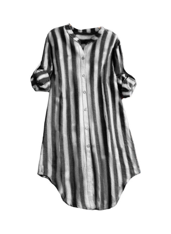 Casual Spring Autumn Striped Buttons Tunic Shirt Black - Image 1
