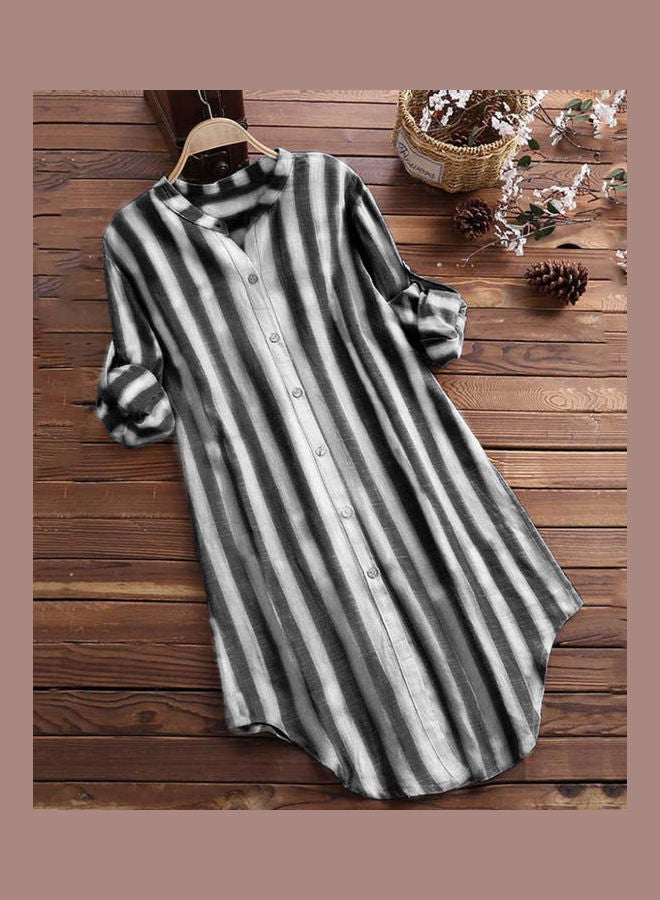 Casual Spring Autumn Striped Buttons Tunic Shirt Black - Image 2