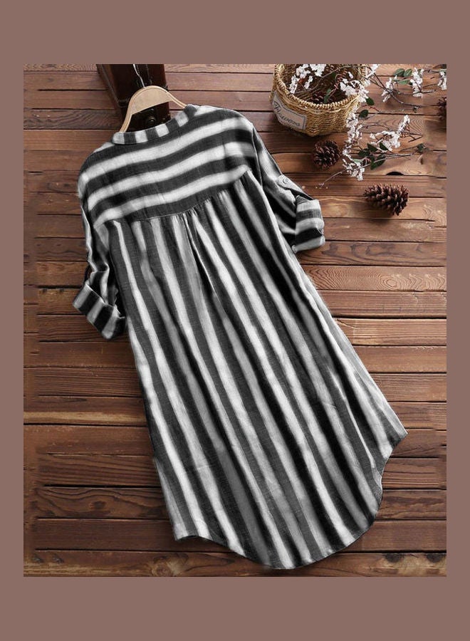Casual Spring Autumn Striped Buttons Tunic Shirt Black - Image 3