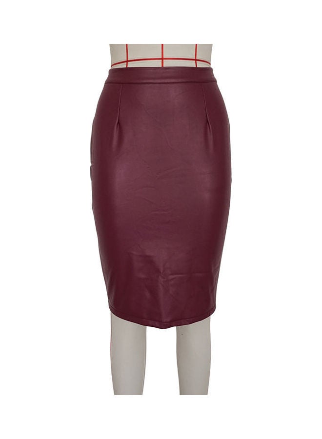 High Waist Back Slit Zipper Bodycon Midi Pencil Skirt Date Red - Image 1