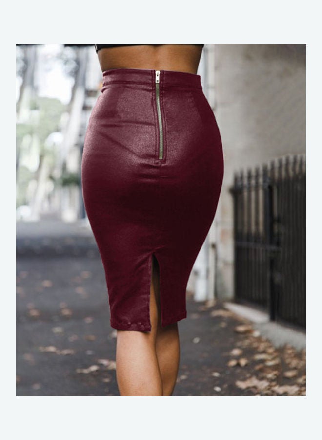 High Waist Back Slit Zipper Bodycon Midi Pencil Skirt Date Red - Image 3