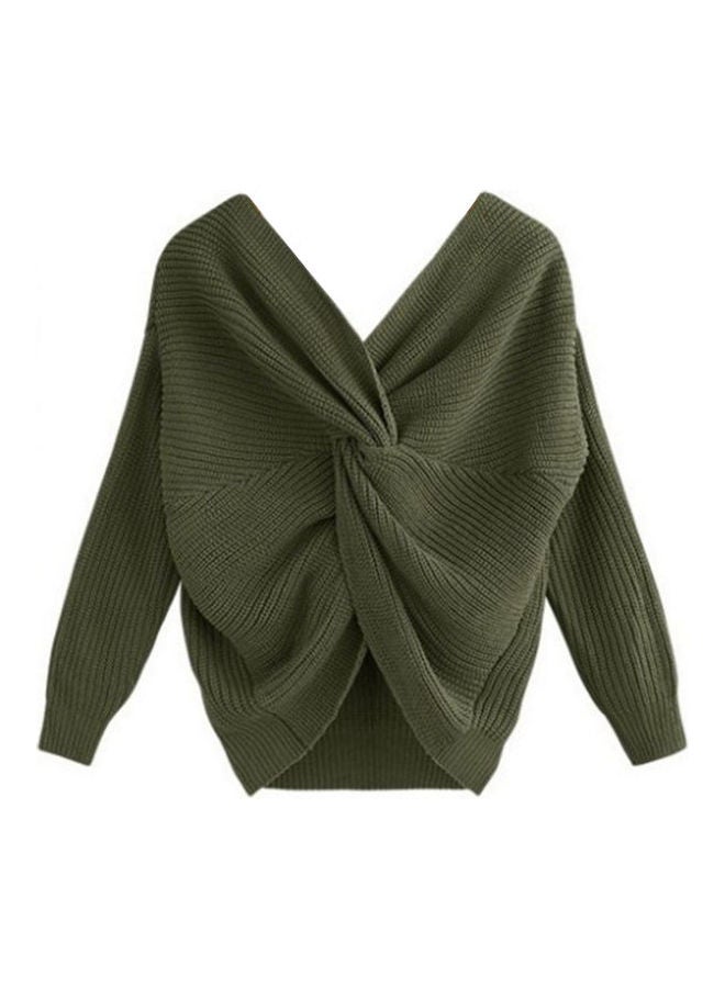 V Neck Long Sleeve Pullover Army Green - Image 1