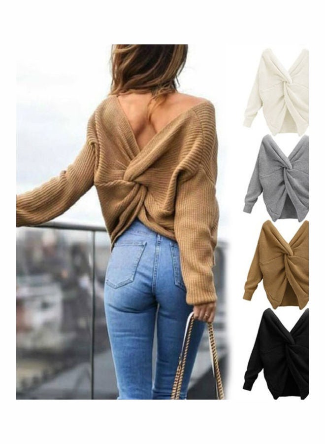 Generic V Neck Long Sleeve Pullover Khaki  - Image 2