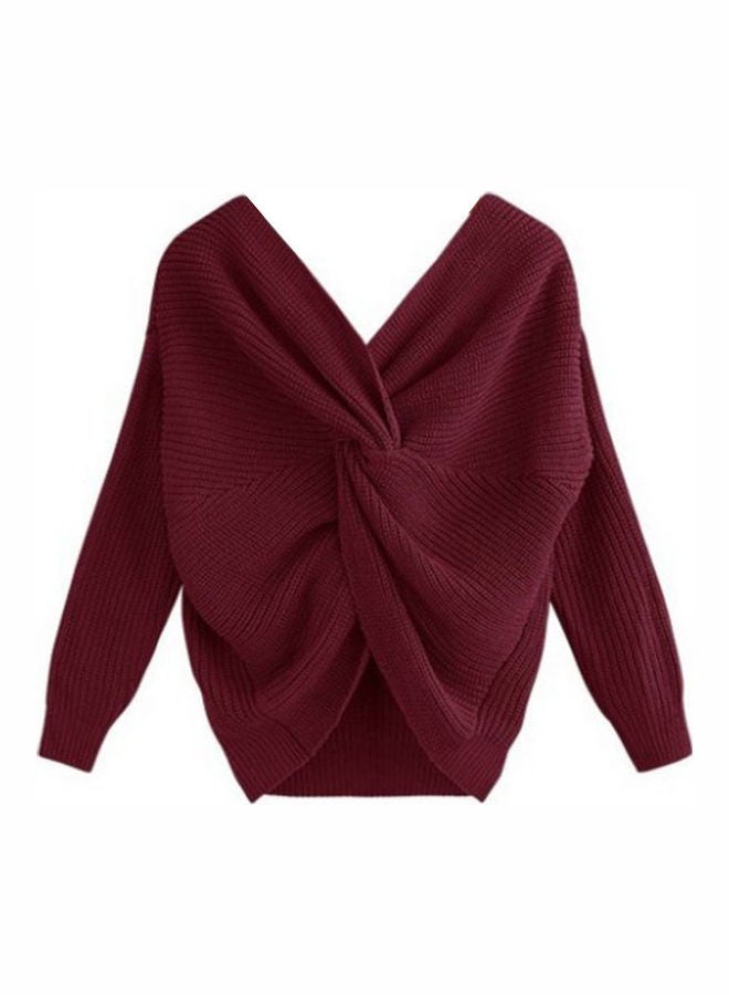 V Neck Long Sleeve Pullover Wine Red  - Image 1