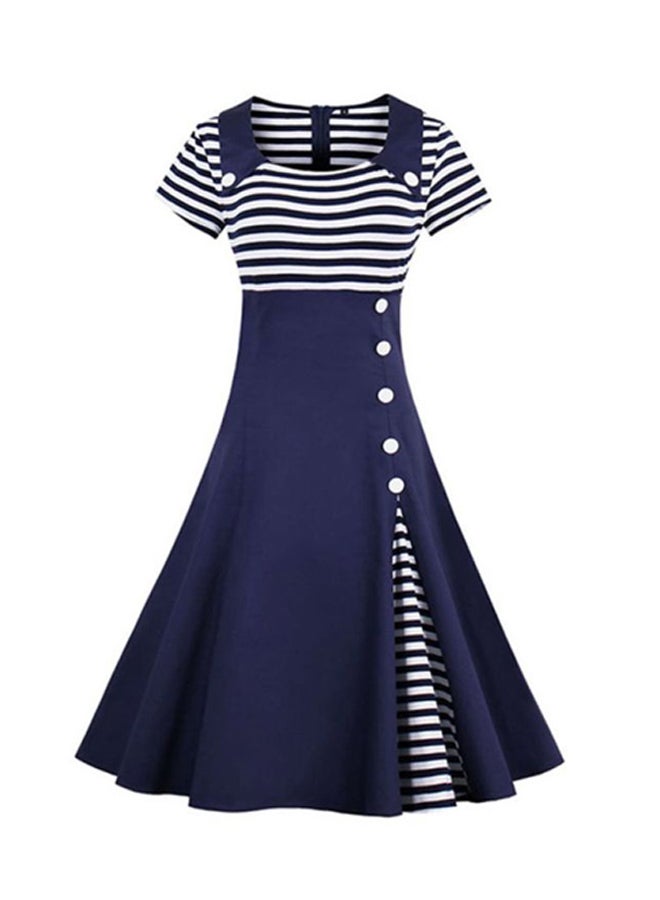 شاربدو فستان متوسط الطول برقبة ذات ياقة أزرق/أبيض - Image 1