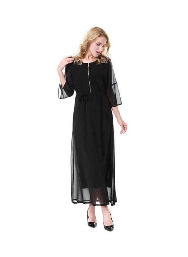 Sharpdo Round Neck Three-Quarter Sleeve Chiffon Dress Black  - Image 1