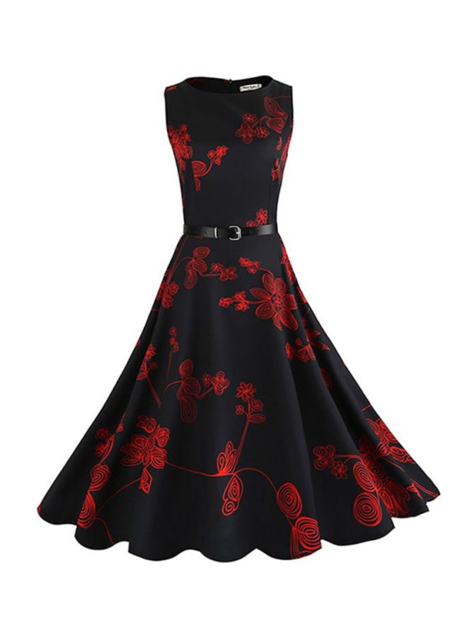 شاربدو فستان متوسط الطول برقبة دائرية أسود/ أحمر - Image 1