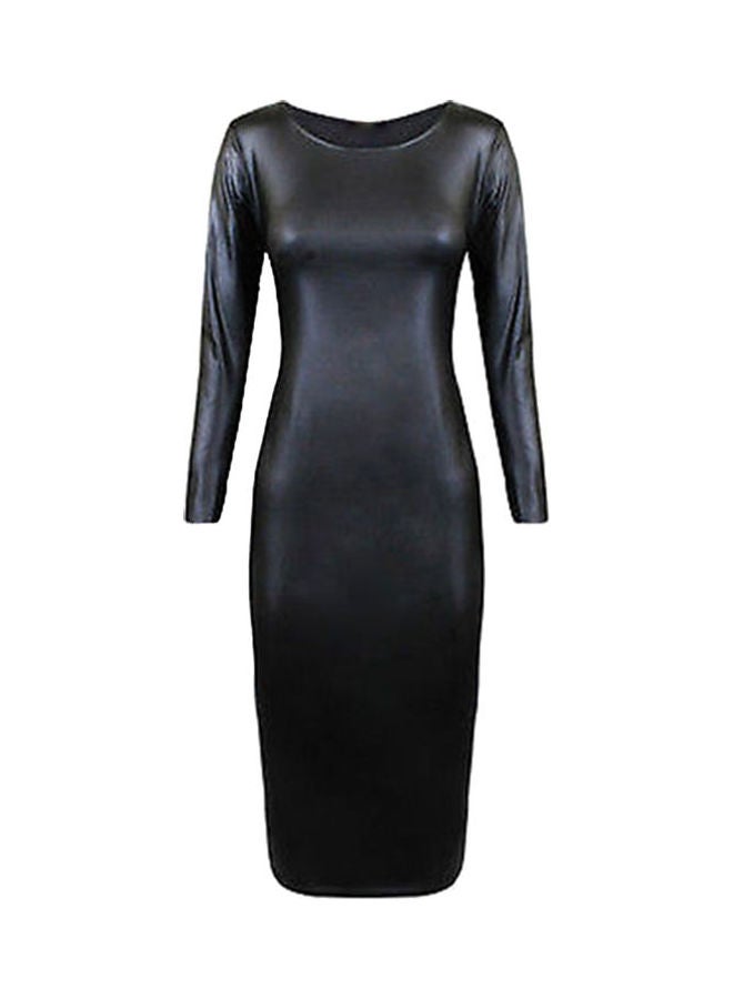 Solid Long Sleeve O-Neck Dress Black
