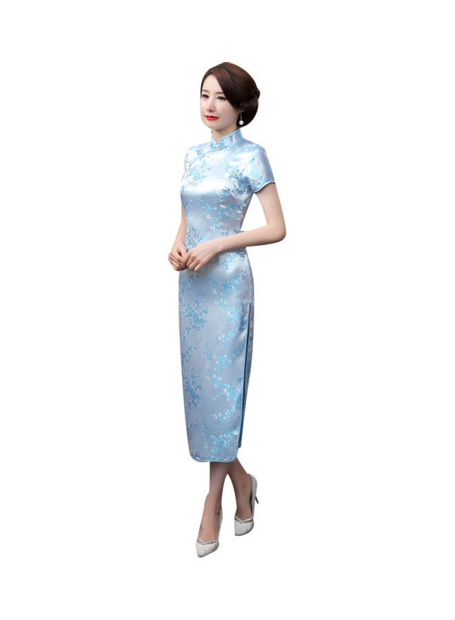 Short Sleeve Long Cheongsam Sky Blue