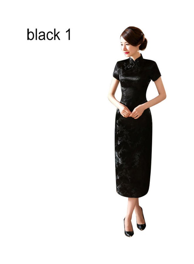 Short Sleeve Long Cheongsam Black 1