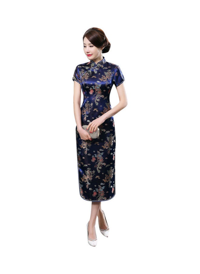 Short Sleeve Long Cheongsam Dark Blue