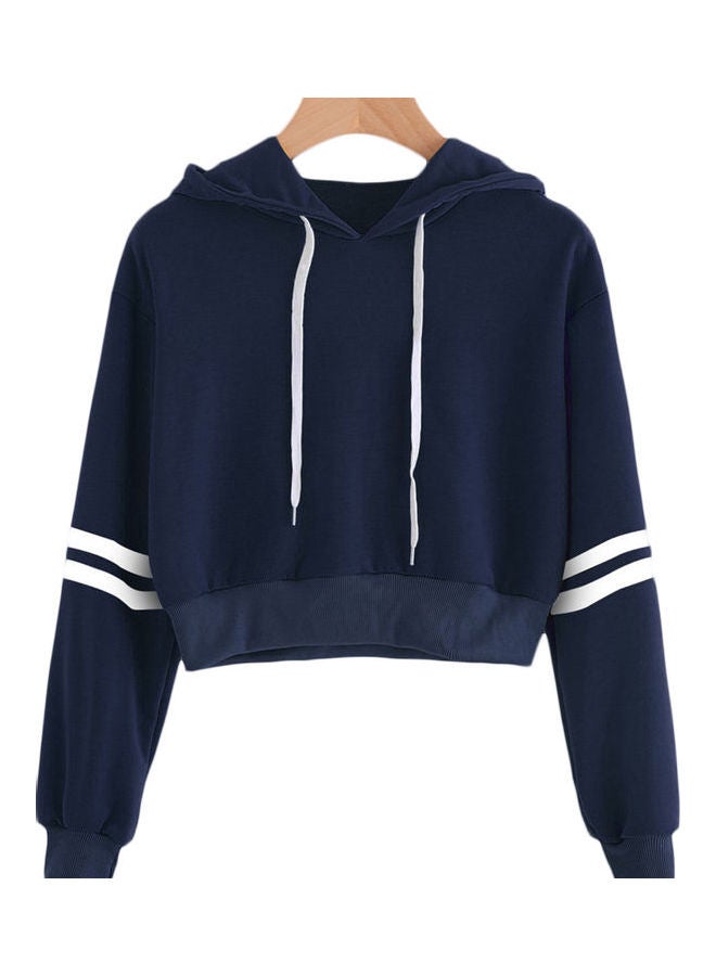 Striped Long Sleeve Drawstring Short Pullover Hoodie Navy Blue