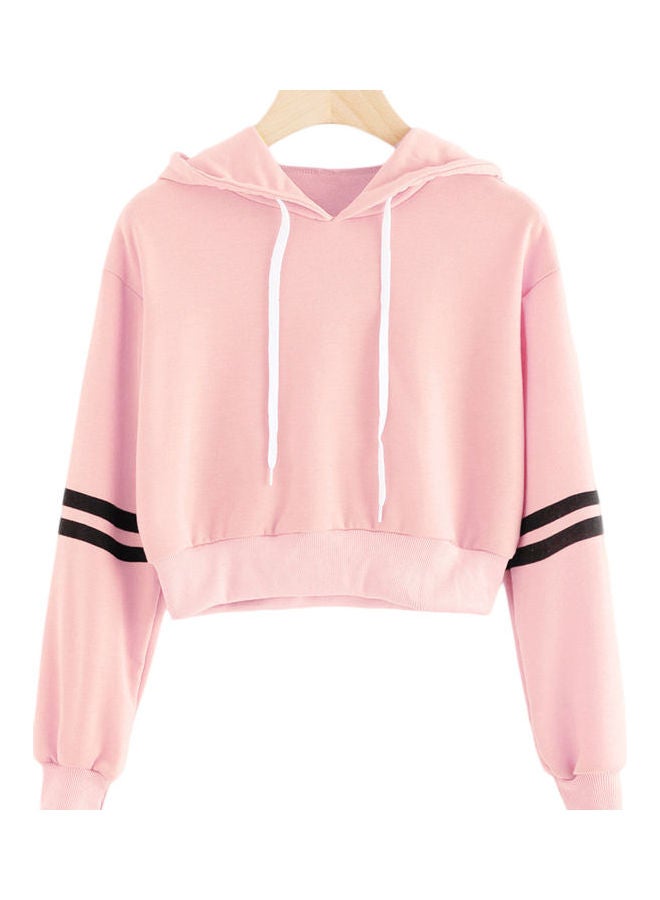 Striped Long Sleeve Drawstring Short Pullover Hoodie Pink