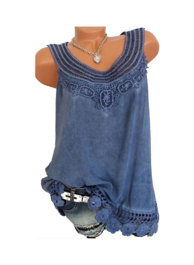 Embroidered Pattern Denim Blouse Dark Blue