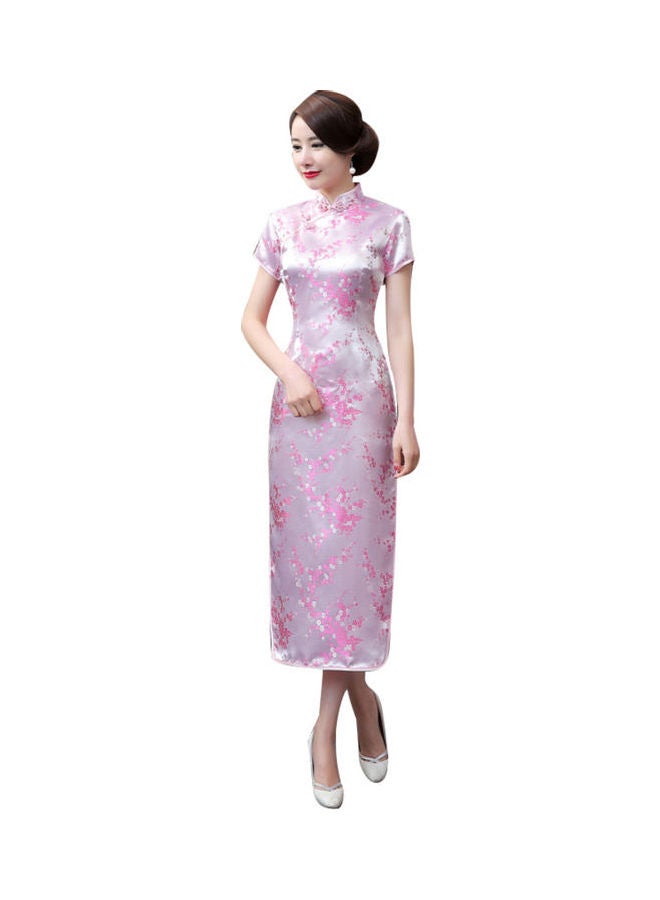 Short Sleeve Long Cheongsam Pink - Image 1