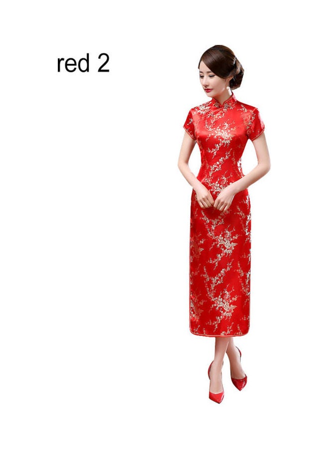Short Sleeve Long Cheongsam Red 2