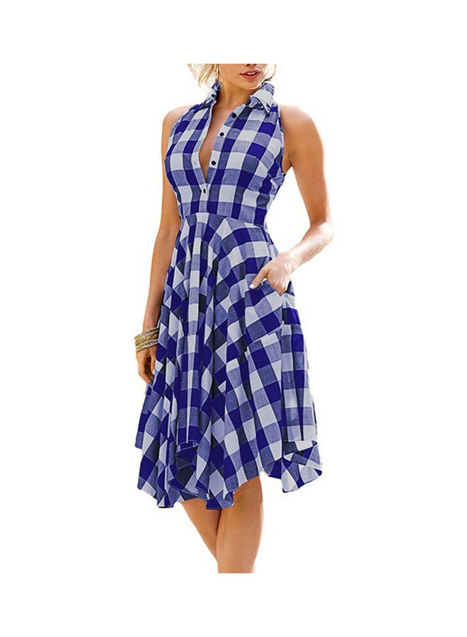 Fashion Summer Lady Plaid Print Button Down Slim Sleeveless Irregular Midi Dress Blue - Image 1