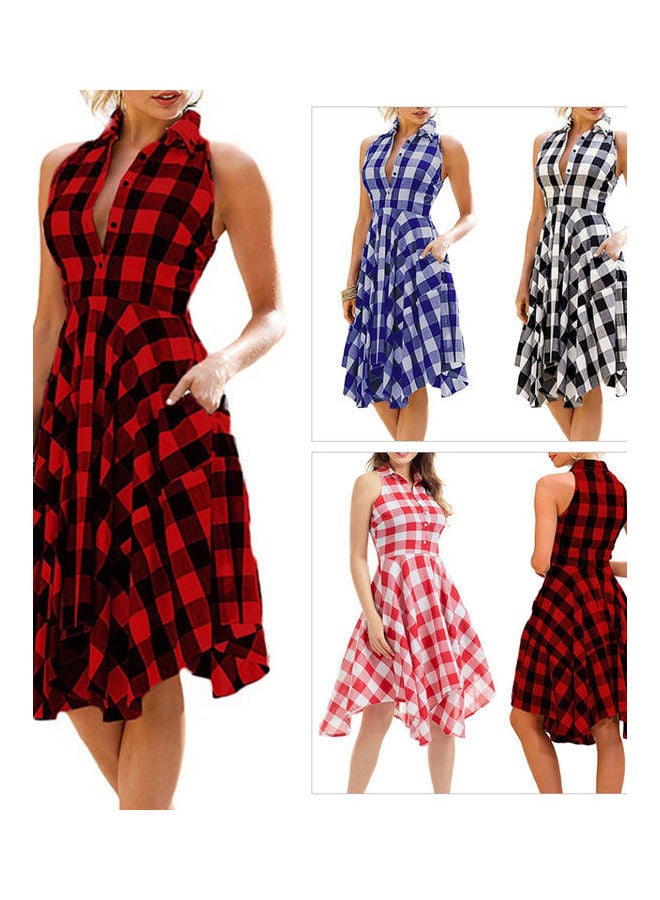 Fashion Summer Lady Plaid Print Button Down Slim Sleeveless Irregular Midi Dress Blue - Image 2