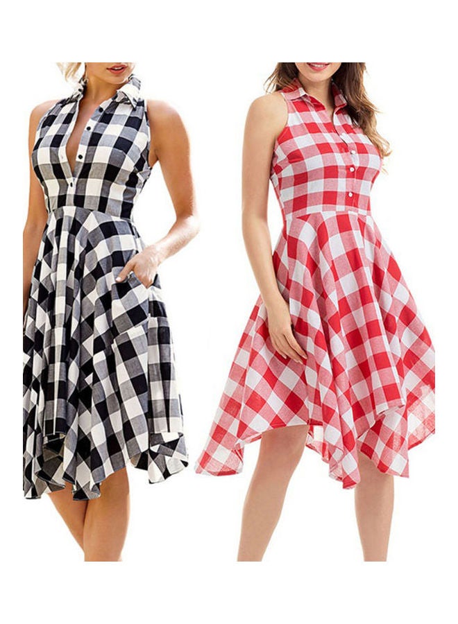 Fashion Summer Lady Plaid Print Button Down Slim Sleeveless Irregular Midi Dress Blue - Image 3