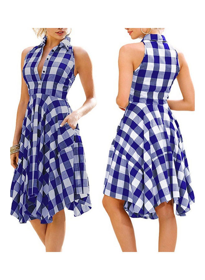 Fashion Summer Lady Plaid Print Button Down Slim Sleeveless Irregular Midi Dress Blue - Image 4